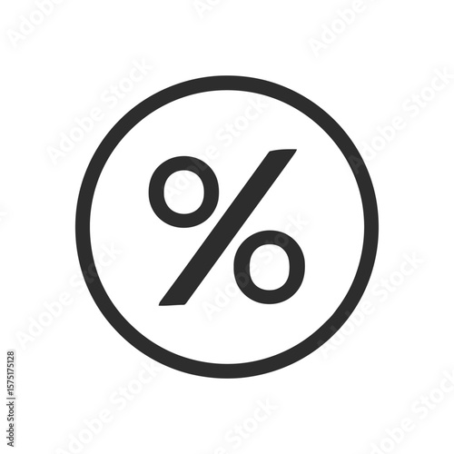 Simple flat design black and white vector graphic icon illustrating a percentage symbol inside a circular frame, concept for business finance, discount sales offers, and statistical data