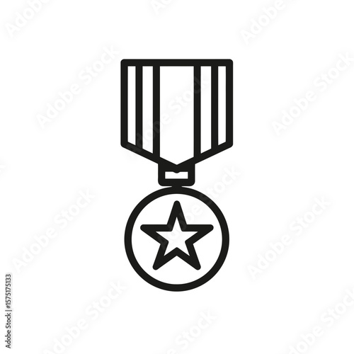 Simple black outline icon depicting a classic medal with a star inside a circular frame and ribbon on a white backdrop, concept for celebrating victory, recognizing achievement, and awarding quality