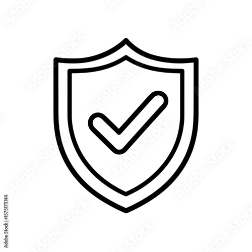 Clean minimalist black outline vector graphic of a shield symbol containing a centered checkmark, concept for online security software interfaces, website trust seals display, and completed task