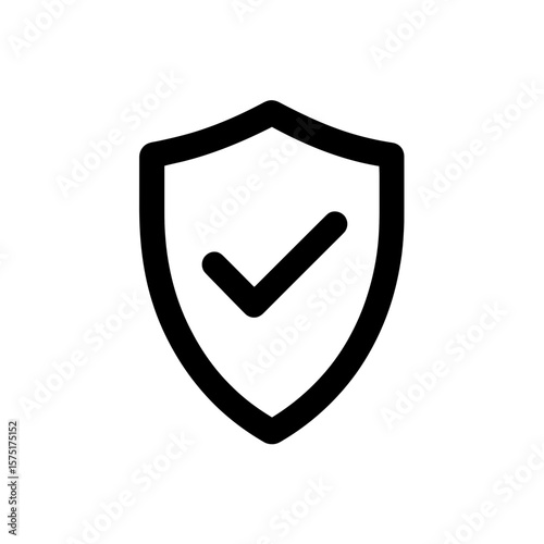 Minimalist flat design outline vector icon shows a dark shield shape with a confirmed checkmark symbol, concept for secure technology integration, successful validation achievement