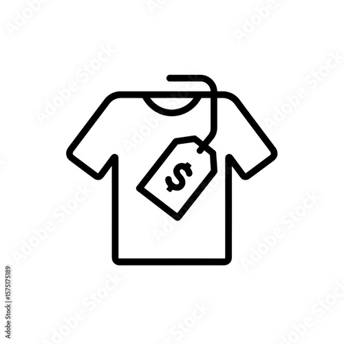 Line icon of a simple t-shirt with a price tag featuring a dollar symbol, isolated vector on white background, concept for clothing store pricing, online marketplace listings, and seasonal discount
