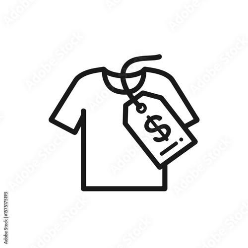 Simple black outline illustration depicting a t-shirt garment with an attached commercial price tag, concept for use in retail displays, online store interfaces and promotional sales material