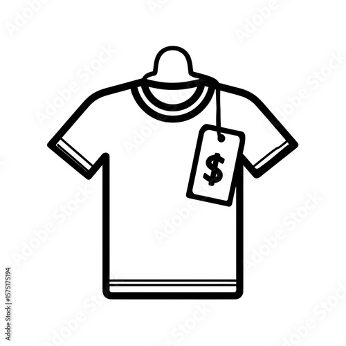 Simplified black line art icon illustration of a t-shirt displayed on hanger featuring prominent price tag with dollar symbol, concept for retail business operations, e-commerce platform interfaces