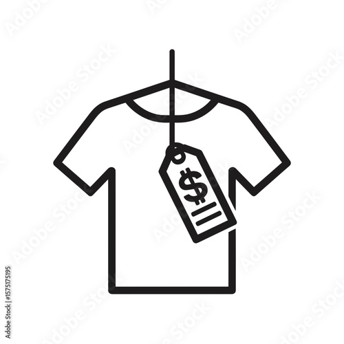 Black line icon showing a t-shirt on hanger with dollar price tag graphic, concept for online shopping website interface, retail store signage and sales promotion materials