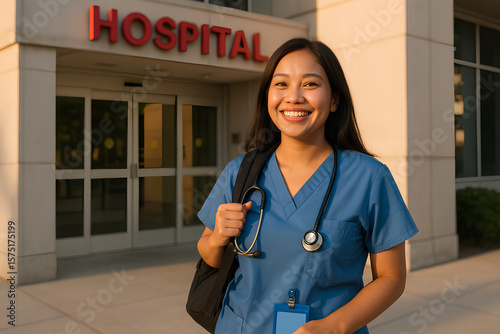 Smiling Nurse in Blue Scrubs Standing Outside Hospital Building, Ready for Work After Her Shift