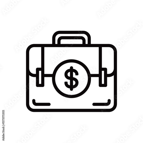 Clean black line style vector icon showing a business briefcase with a central dollar sign, concept for illustrating financial representation, business asset management, and investment portfolio