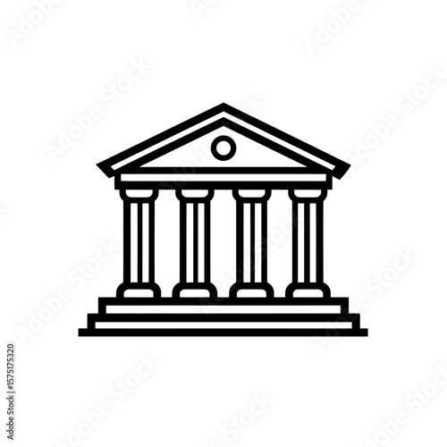 Minimalist black line icon depicting a classical building facade featuring four prominent columns and a stepped base, concept for financial institution representation, governmental authority