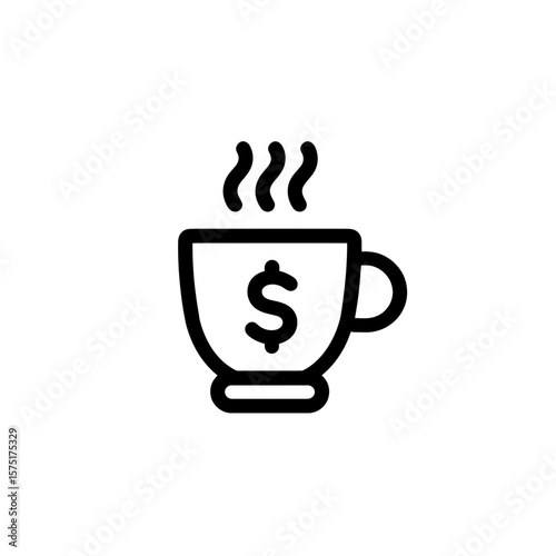 Minimalist black outline icon showing a steaming coffee cup with a large dollar symbol inside, finance theme, concept for financial business presentations, coffee shop pricing and daily spending