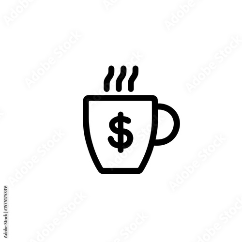 A clear minimalist black line icon depicts a steaming cup symbol containing a prominent dollar sign, concept for financial value assessment, income generation strategies, and economic planning