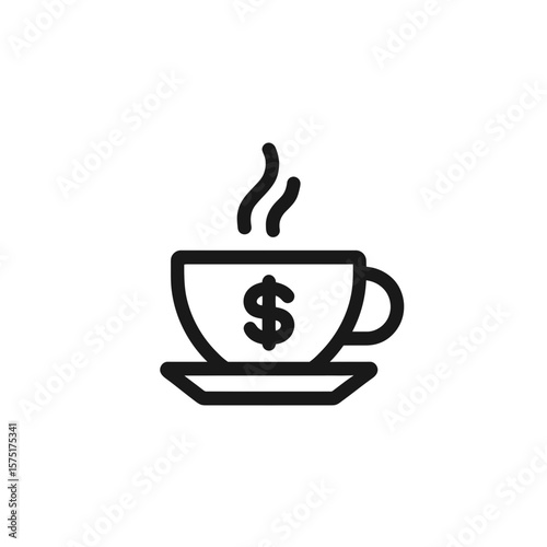 Clear bold outline icon shows a steaming coffee cup marked with a dollar sign symbol resting on a saucer, concept for coffee finance topics, beverage industry economics and drink pricing