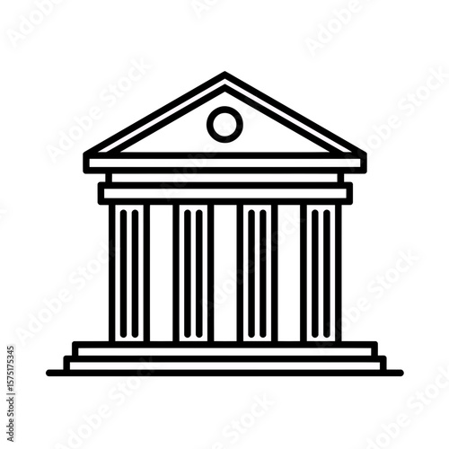 Clean outline illustration of a building structure featuring classical architectural columns and triangular pediment shape, concept for financial industry icons, legal sector symbols and historical