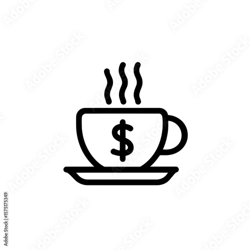 A minimal outline icon depicts a steaming hot beverage cup featuring a prominent dollar sign on a saucer, concept for cafe pricing, beverage business costs, and menu item financial representation