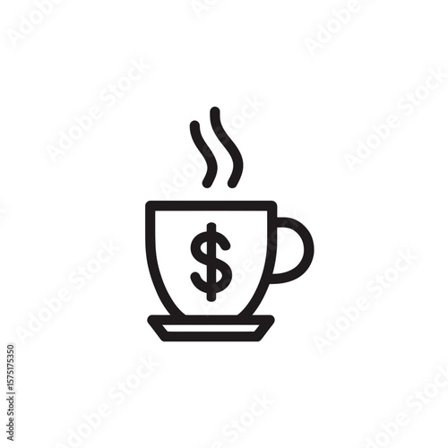 Minimalist vector outline icon illustrating a steaming hot beverage in a cup marked with a prominent dollar symbol, concept for cafe business investment, beverage pricing strategy and business