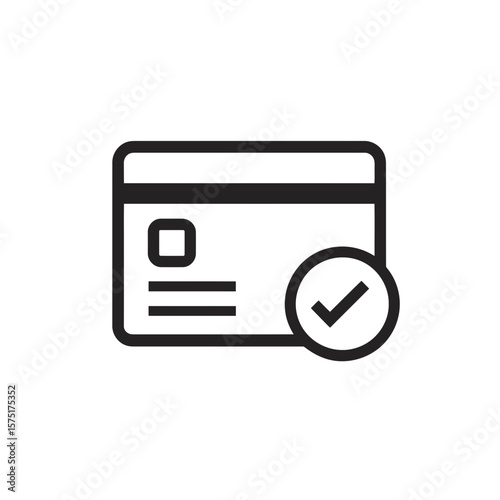 Simple graphic symbol depicts a payment card featuring lines and a rectangle, marked with a successful checkmark, concept for secure digital payment processing, successful financial transaction