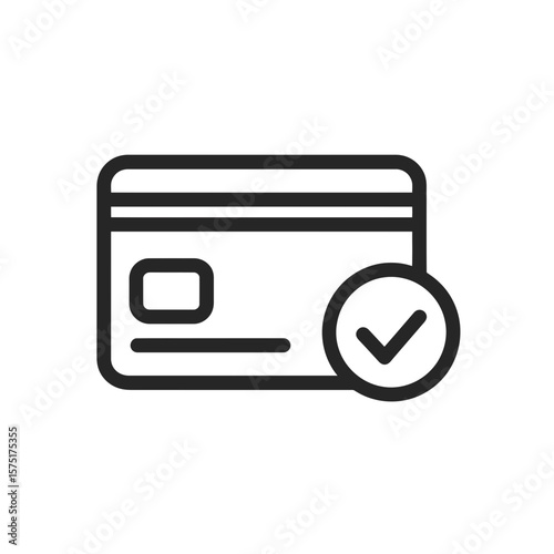 Outline icon illustrates a secure payment card with successful checkmark, indicating transaction approval, concept for online payment approval, successful transaction icon and accepted payment