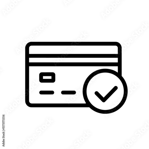 Minimalist black outline vector graphic of a credit card with a prominent checkmark icon, concept for secure transaction processing, verified account status and digital payment confirmation systems
