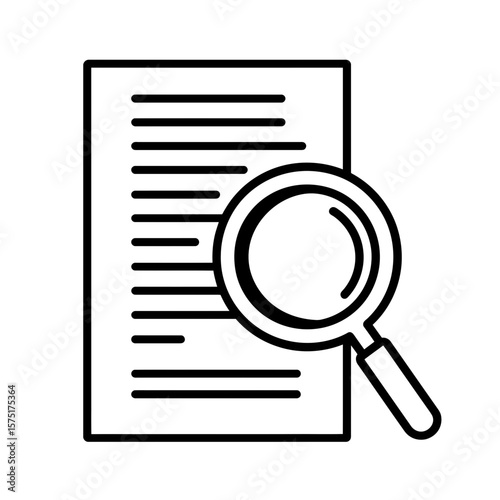 Vector outline icon showing a paper document with horizontal text lines and a large magnifying glass symbol, concept for detailed document analysis, information retrieval process and content review
