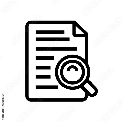 Simple minimalist bold line art icon depicting a document file with text lines and a magnifying glass overlay for detailed analysis, concept for searching digital archives, examining business