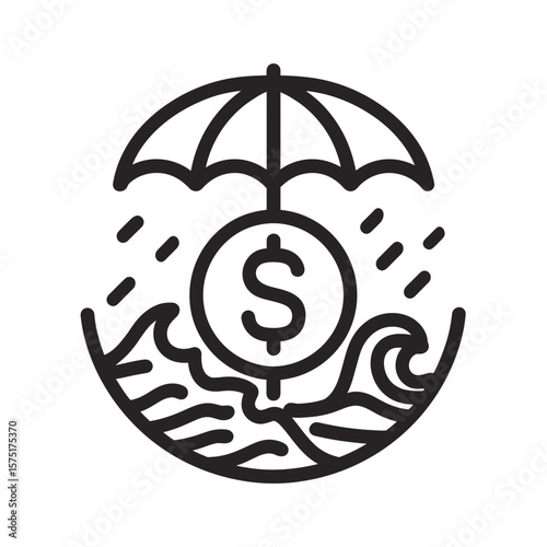 Simple black line art icon showing a dollar sign protected by an umbrella from falling rain and stormy waves, concept for financial security, insurance advertising and asset protection