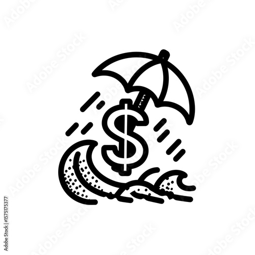 Conceptual icon portraying financial protection, a dollar sign shielded by an umbrella against turbulent weather and waves, concept for financial security strategies, business risk management
