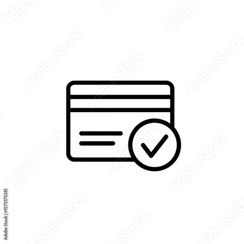 Minimalist outline vector graphic of credit card with verified checkmark symbol on white backdrop, concept for online payment success confirmation, accepted financial transaction, and approved