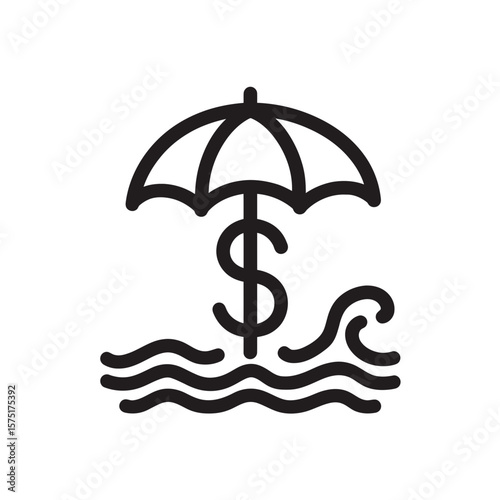 Bold black outline icon depicting financial safety, a dollar sign under umbrella above distressed waves, concept for insurance services, financial protection strategies, investment risk mitigation