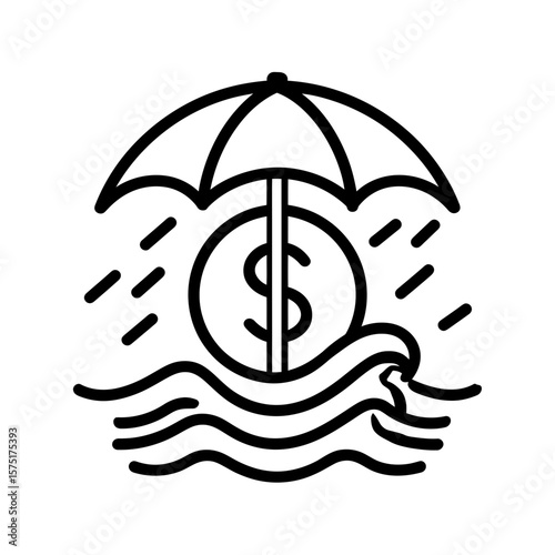 Simple black and white line illustration of a dollar icon under umbrella during rain and waves, concept for financial planning services investment security solutions and risk management strategies