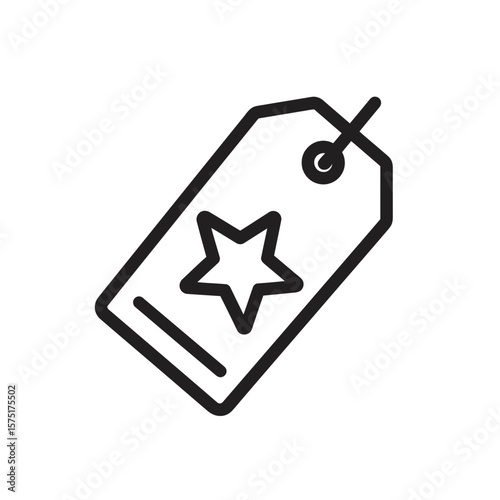 A minimalist black line drawing of a classic rectangular label or tag featuring a prominent star symbol centrally placed, concept for online shopping, customer feedback, and exclusive merchandise