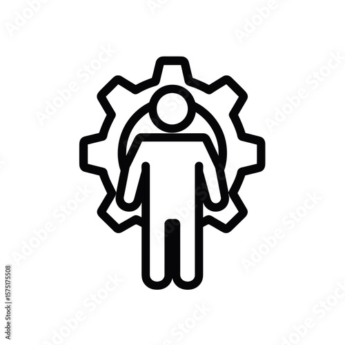 Simple graphic line icon showing person figure centered within intricate mechanical gear outline, concept for operational process analysis, system efficiency enhancement, and workforce integration