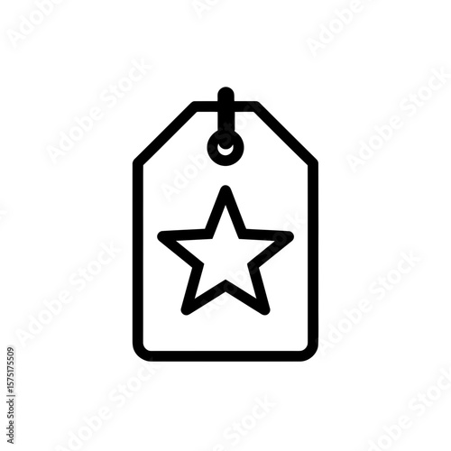 Minimalist vector icon featuring a hanging tag with a prominent star shape symbol, concept for highlighting quality products, marking favorite items, and indicating premium status or rating