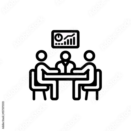 simple icon showing three business people meeting at a table with data chart, concept for business strategy, team collaboration, and financial analysis