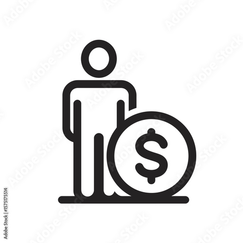 Minimalist line icon graphic depicting abstract human figure positioned next to prominent dollar currency coin symbol, concept for illustrating financial concepts, demonstrating investment