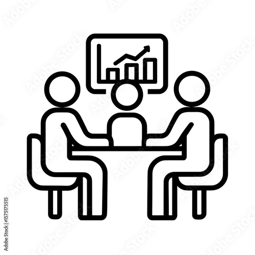 Minimalist line art icon depicting three individuals collaborating around a table with a progress graph shown, concept for visual aids in business strategy sessions, team reviews, and market