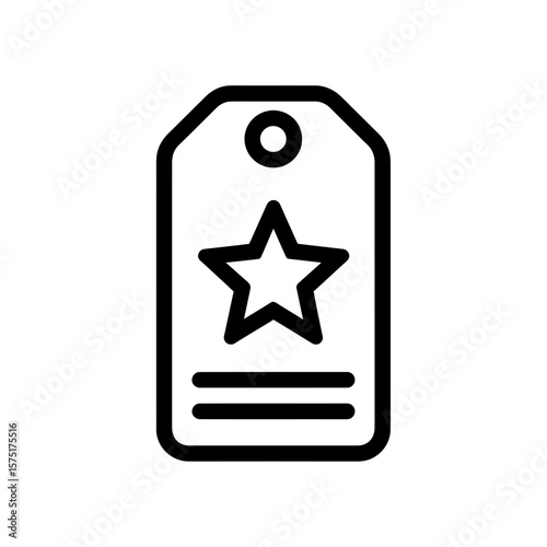 Simple black outline vector graphic icon illustrating a tag shape containing star symbol and horizontal lines, concept for website user interfaces, favorite item identification, and product ranking
