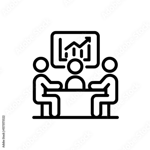 Simple line icon depicting three people in a business meeting analyzing a growth chart, concept for business analytics presentations, corporate strategic planning and financial performance reporting