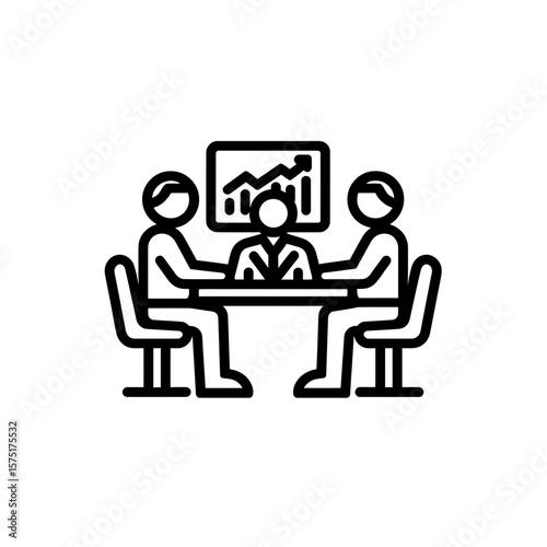 Line icon showing three figures seated around a table viewing a financial progress chart on screen, concept for business planning, strategic analysis, and collaborative decision making sessions