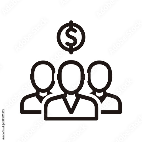 Stylized black outline icon showing a small group of three people figures with a dollar currency symbol above, concept for financial team collaboration presentations, group investment strategy