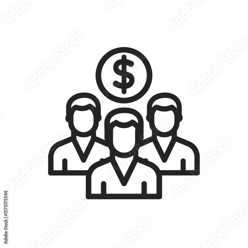 Outline icon of a group of people with dollar sign symbol above representing finance team or investment group, concept for financial team structure, collaborative investment projects, and achieving