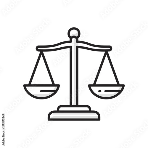 Simple yet striking black line icon depicting classic balance scale centered on white background, concept for justice law and order administration legal counsel services financial equilibrium