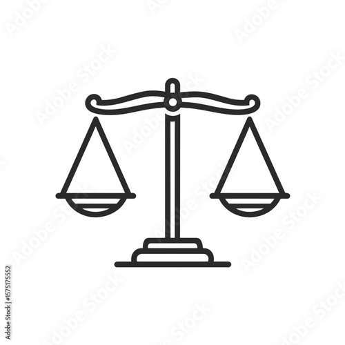 Minimalist line icon of a symmetrical balance scale, symbolizing justice and perfect equilibrium, concept for legal services, financial management and ethical principles