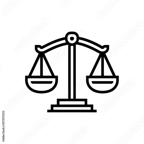 Simple black outline icon of a classic balance scale, symbolizing law, justice, fairness, and equilibrium, concept for legal design, financial balance symbol, and measurement illustration graphic