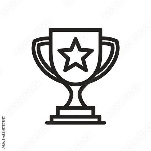 Minimalist black line vector icon showing a trophy cup award symbol with a star, concept for illustrating success in business, recognizing sports achievements, and celebrating competition winners