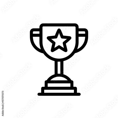 Crisp black outline graphic of a stylized trophy award cup featuring a star emblem, concept for illustrating top performance, awarding excellence and symbolizing competition victory