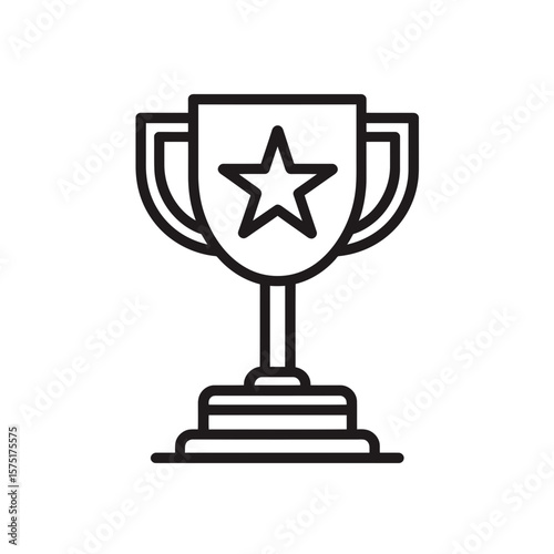Clean black line vector illustration shows a stylized winner's trophy cup displaying a prominent five-pointed star within its center, concept for celebrating success, recognizing top performers