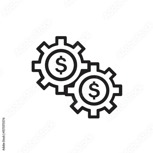 Clear outline icon shows two meshed gears each holding a dollar sign, representing financial mechanics, concept for financial operations workflow, business mechanism dynamics, and economic system