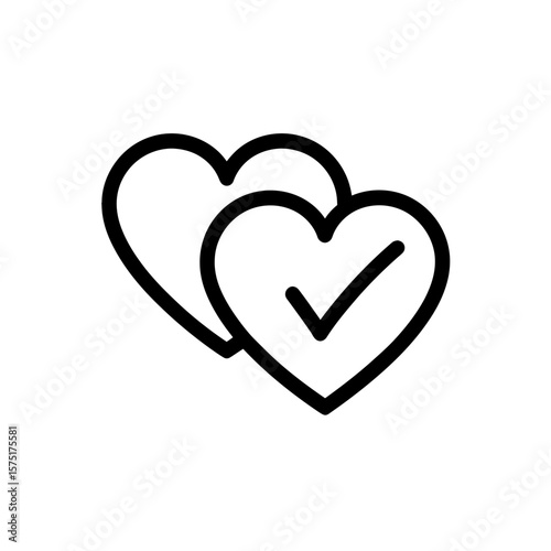 Minimalist black line art icon depicting two hearts, one clearly marked with a positive check symbol, concept for successful dating matches, user preferences, and health app confirmations