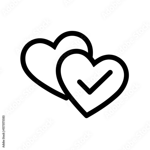 Outline style vector icon illustrating two overlapping hearts, one featuring a bold checkmark, on white background, concept for romantic connection approval, successful health checks, and digital