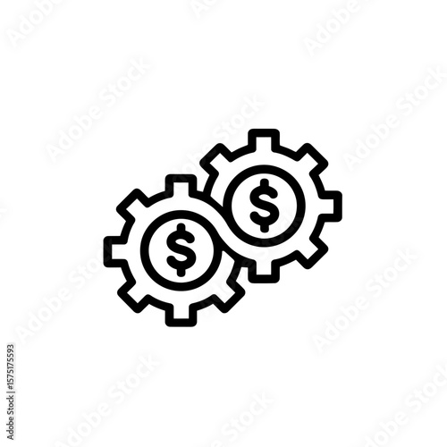 Minimalist black line icon illustrating two interlocking mechanical gears featuring dollar currency symbols inside, concept for financial strategy concept, investment management operations