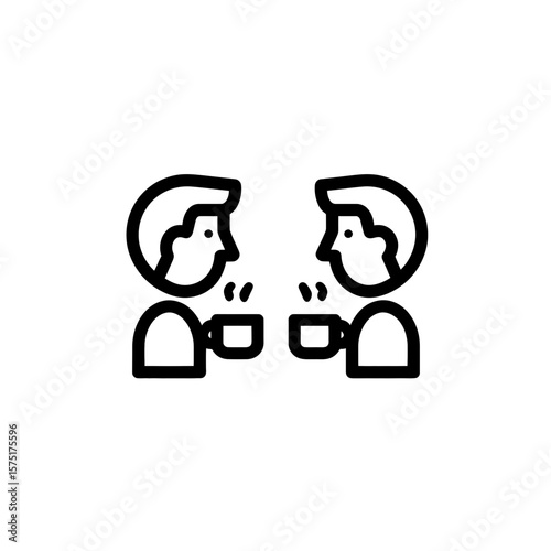 Clean minimal bold line art vector icon illustrating two people engaged in a conversation over drinks, concept for business networking events, informal group discussions, and workplace breaktime