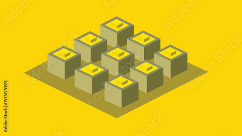 Isometric cubes arrangement in yellow palette conceptual illustration for modern designs